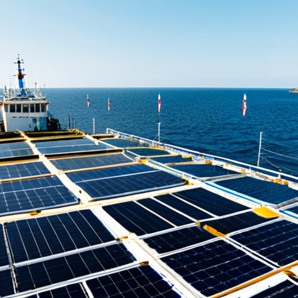 Sustainable Aquaculture Farm**
"A vibrant image of a sustainable aquaculture farm at sea. Floating cages teem with fish, seaweed cultivation platforms surround the cages, and a research vessel equipped with solar panels is nearby. The scene depicts a clean and healthy marine environment. Focus on demonstrating the integration of various sustainable practices. safe for work, appropriate content, fully clothed, professional, modest, family-friendly, perfect anatomy, correct proportions, natural pose, well-formed hands, proper finger count, natural body proportions, professional photography, high quality"
**