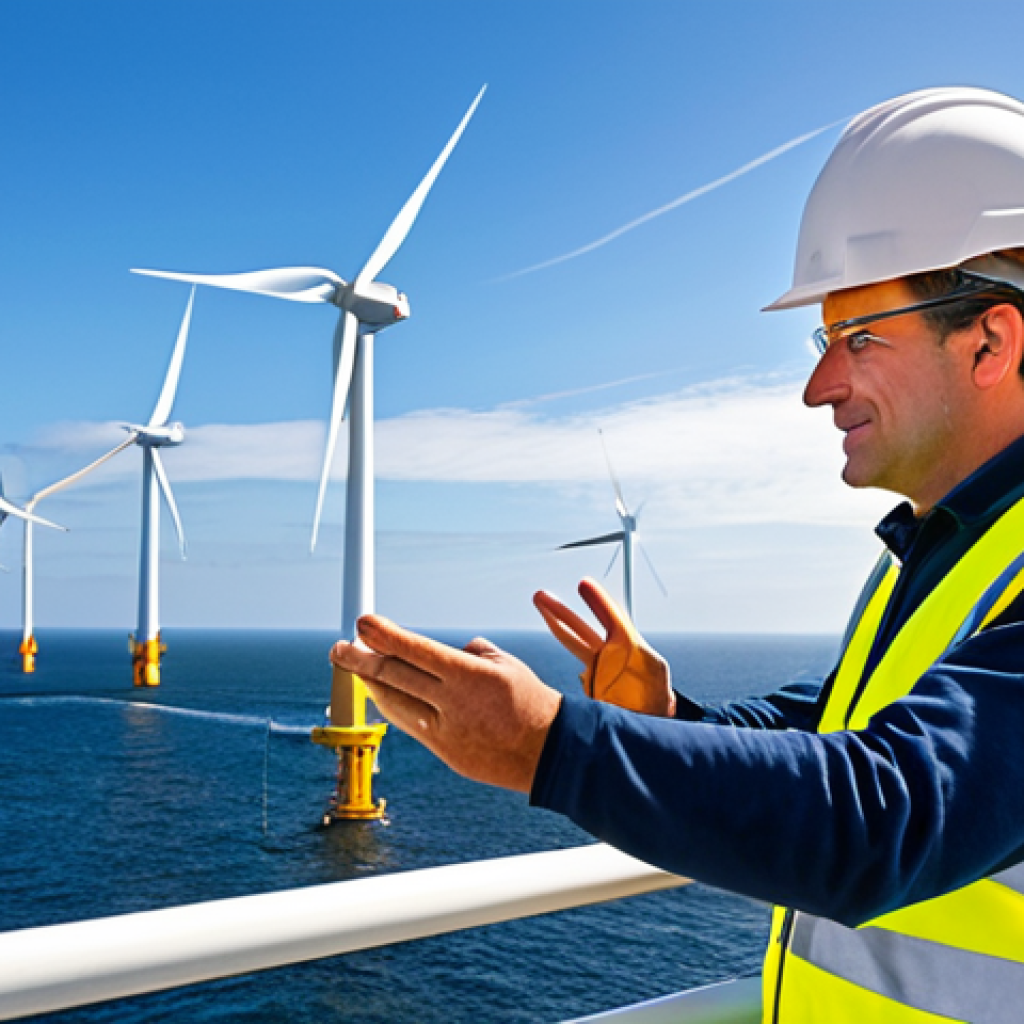 Offshore Wind Farm Engineer**
"A professional engineer, fully clothed in appropriate work attire (hard hat, safety vest), inspecting an offshore wind turbine nacelle during daylight. In the background: A vast wind farm in the Atlantic Ocean off the coast of Brittany, France. Dramatic sky. Perfect anatomy, correct proportions, well-formed hands, natural pose, safe for work, appropriate content, fully clothed, professional photography, high quality."
**