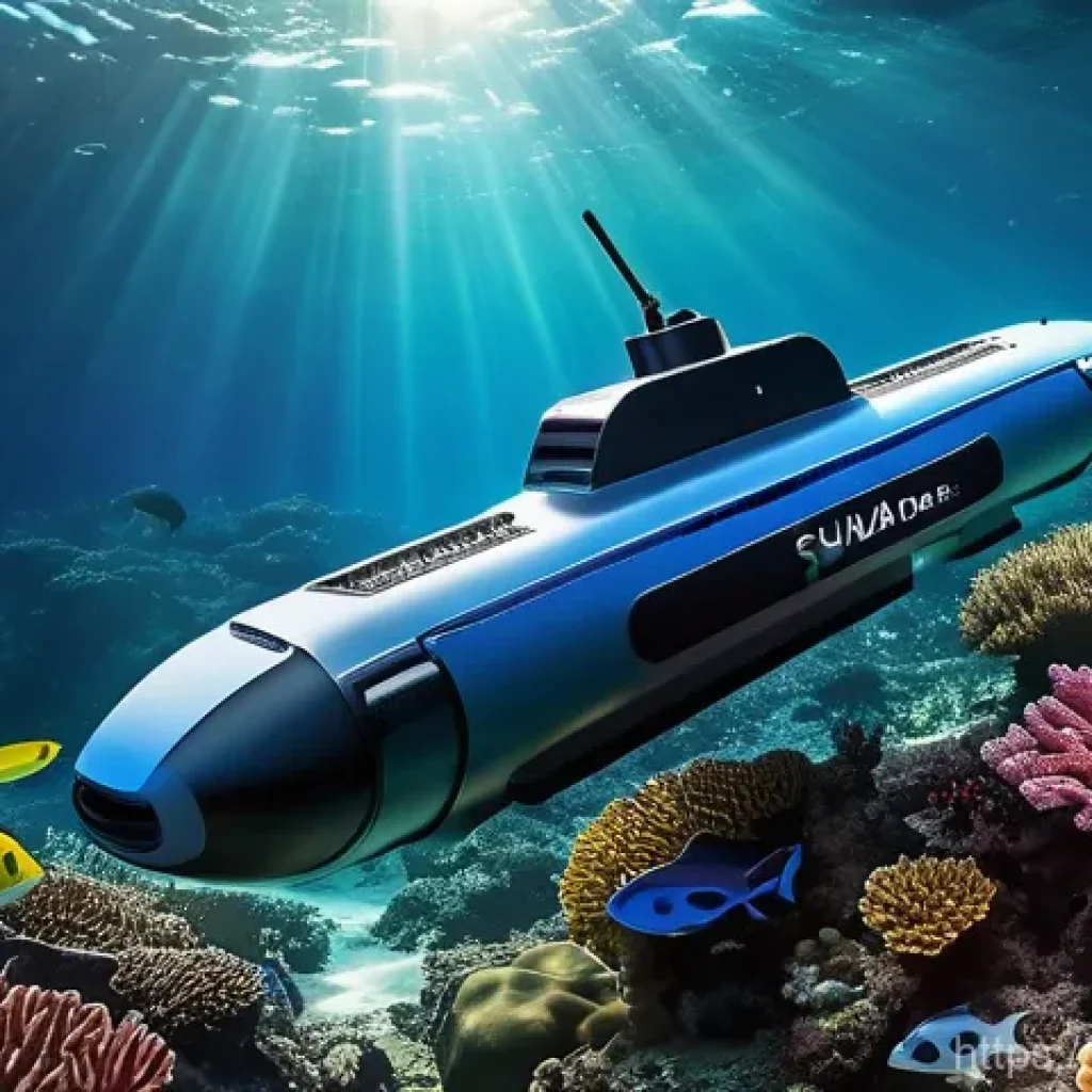 해양공학 해양 생물 모니터링 - An advanced, sleek Autonomous Underwater Vehicle (AUV) exploring a thriving, healthy coral reef. The...