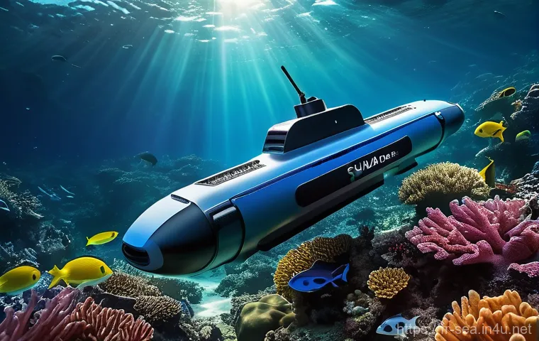 해양공학 해양 생물 모니터링 - An advanced, sleek Autonomous Underwater Vehicle (AUV) exploring a thriving, healthy coral reef. The...