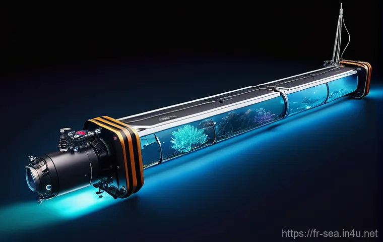 해양공학 해양 시스템 엔지니어링 - **Prompt:** A highly detailed, realistic illustration of an advanced Autonomous Underwater Vehicle (...