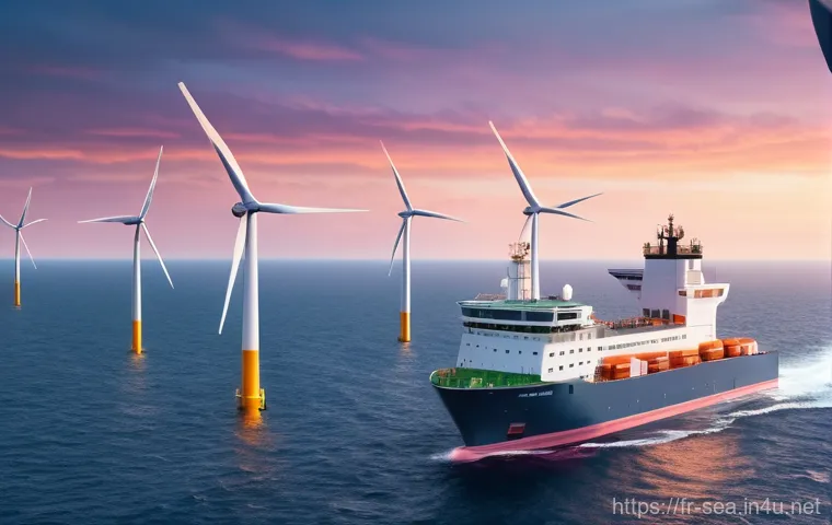 해양공학 산업 협력 사례 - **Prompt:** "A majestic offshore wind farm at dawn, with towering, sleek white wind turbines gracefu...