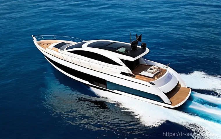 해양공학 해양 배터리 기술 - A sleek, modern electric yacht with panoramic windows glides silently across the calm, cerulean wate...