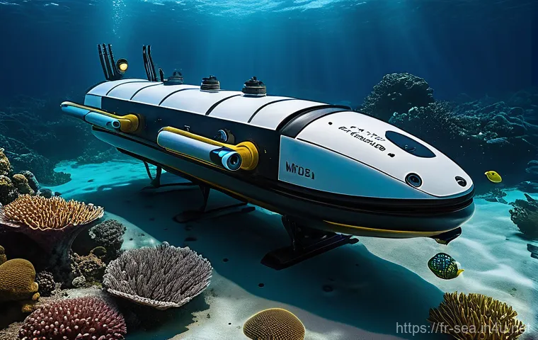 해양공학 해양 극지 연구 - **Autonomous Underwater Vehicle (AUV) Deep-Sea Exploration:**
    "A sleek, futuristic autonomous un...