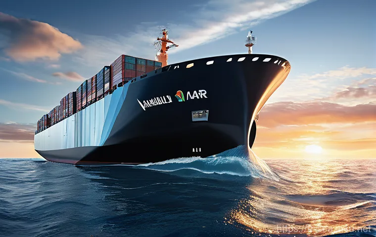 해양공학 해상교통 시스템 - **"Vibrant and futuristic scene depicting a large, innovative cargo ship sailing on the open ocean. ...