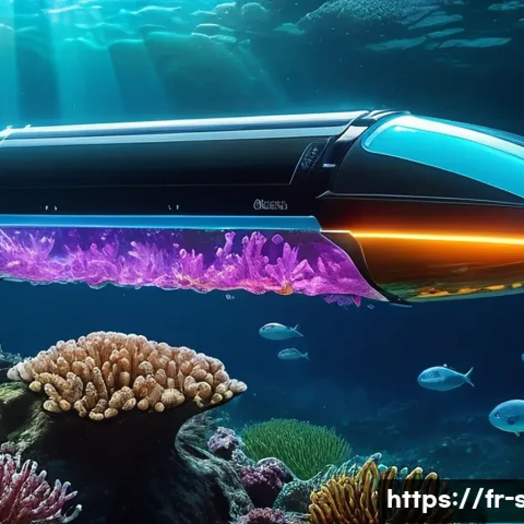 해양공학 해양 관측 기술 - **Prompt:** A highly advanced autonomous underwater vehicle (AUV) with a sleek, futuristic design, g...