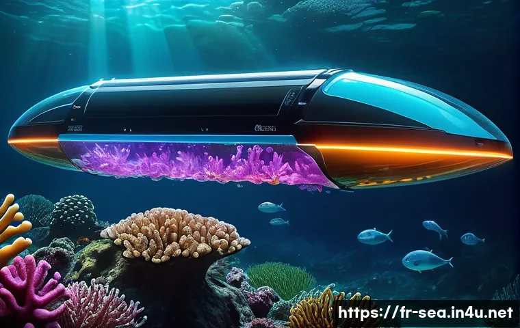 해양공학 해양 관측 기술 - **Prompt:** A highly advanced autonomous underwater vehicle (AUV) with a sleek, futuristic design, g...