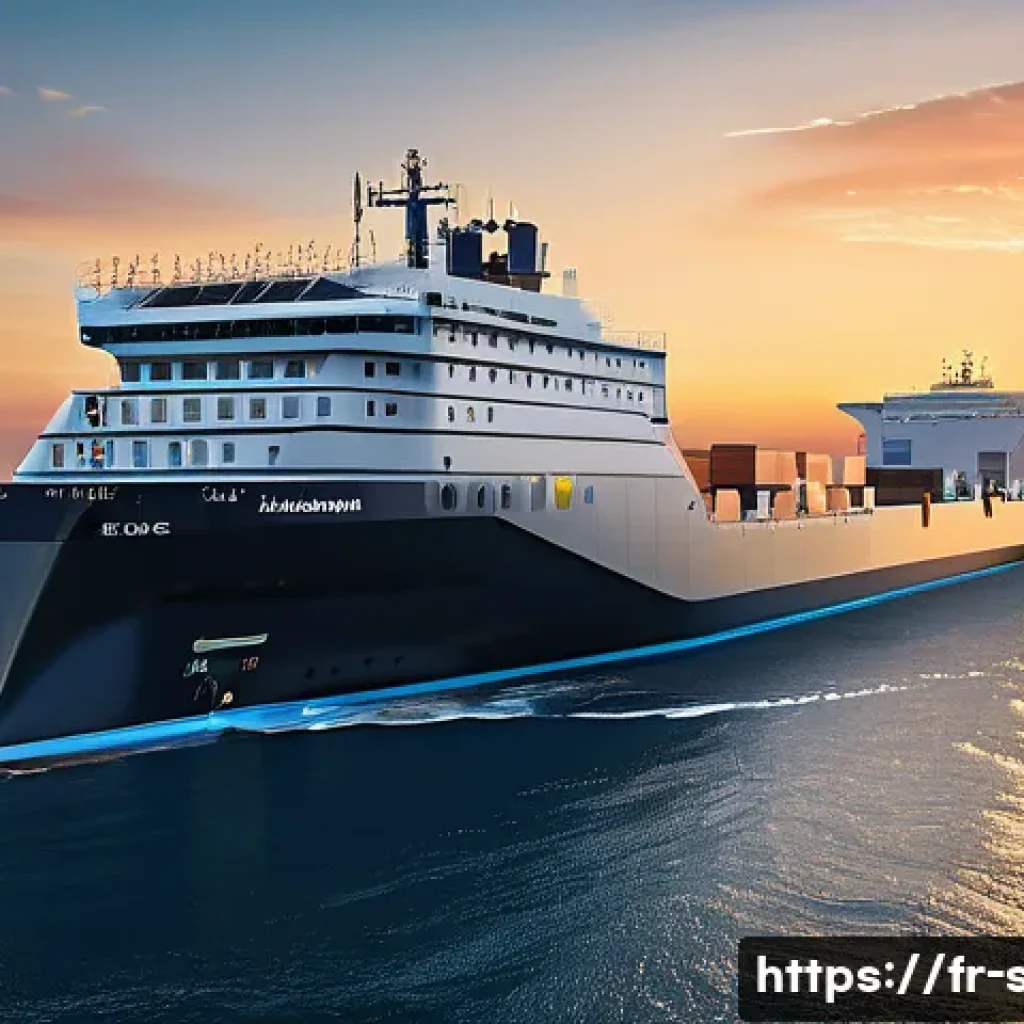 해양공학 해양 자율운항 기술 - A highly detailed futuristic autonomous cargo ship navigating through a busy French maritime port at...