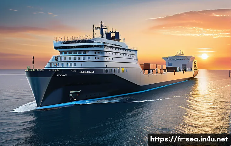 해양공학 해양 자율운항 기술 - A highly detailed futuristic autonomous cargo ship navigating through a busy French maritime port at...