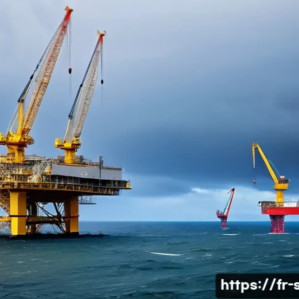 해양공학 해양학과 차이 - A highly detailed marine engineering construction site depicting an offshore wind farm under develop...