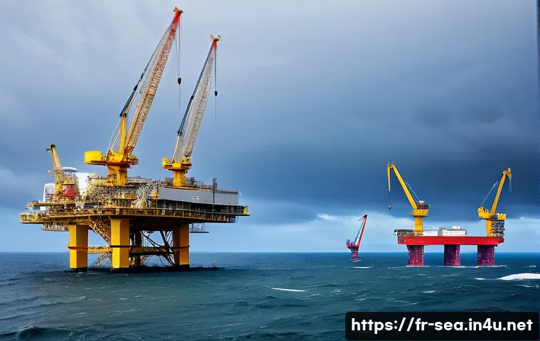 해양공학 해양학과 차이 - A highly detailed marine engineering construction site depicting an offshore wind farm under develop...