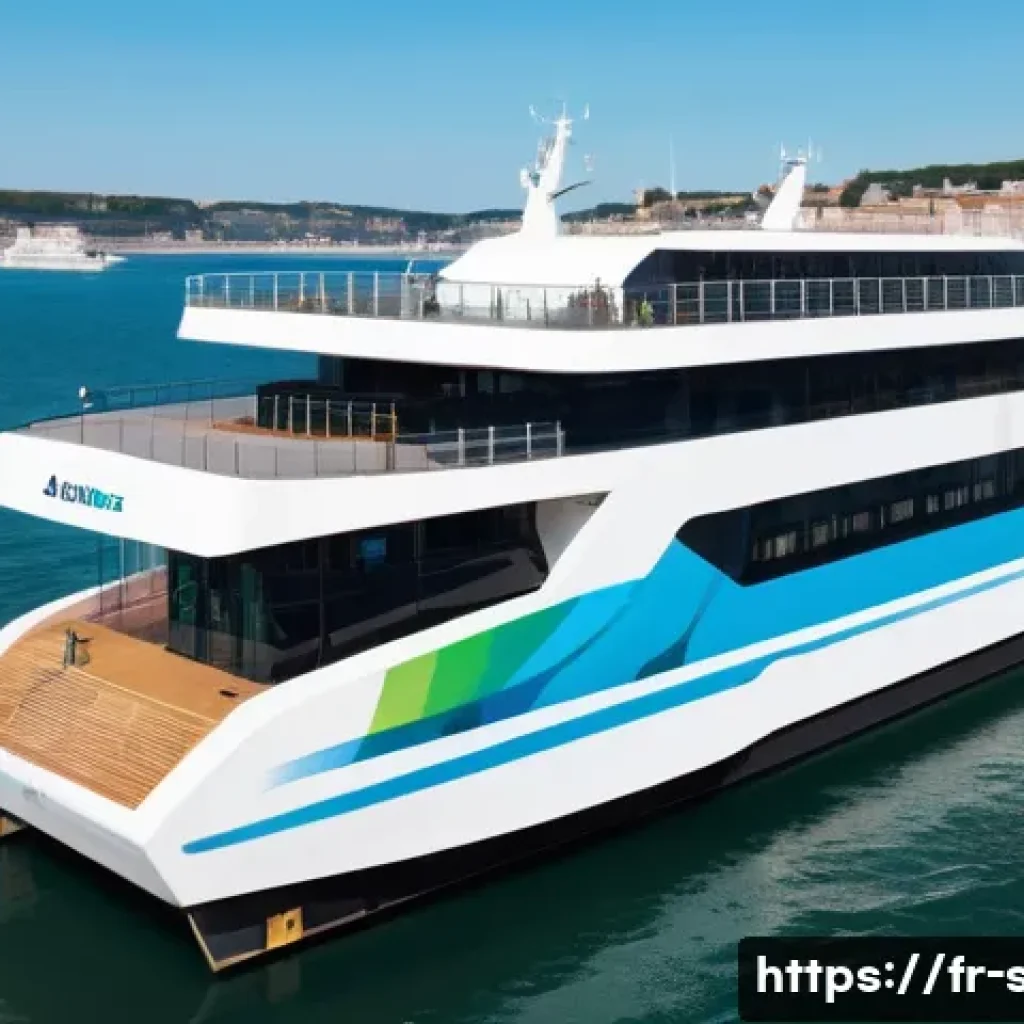 해양공학 해양 전기추진 시스템 - A modern electric-powered ferry docked at a bustling European port in France during a clear day, sur...