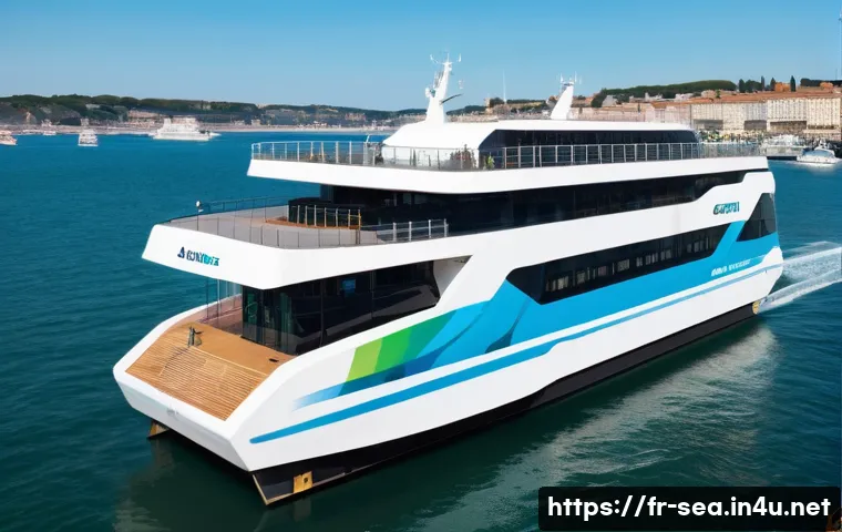 해양공학 해양 전기추진 시스템 - A modern electric-powered ferry docked at a bustling European port in France during a clear day, sur...