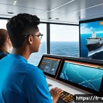 해양공학 해양 교육 및 교재 - A modern maritime engineering classroom featuring students engaged with advanced navigation simulato...
