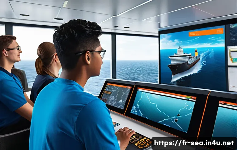 해양공학 해양 교육 및 교재 - A modern maritime engineering classroom featuring students engaged with advanced navigation simulato...