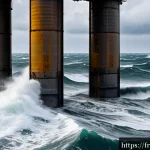 해양공학 파랑하중 분석 - A detailed coastal engineering scene showing a large offshore structure subjected to dynamic wave fo...