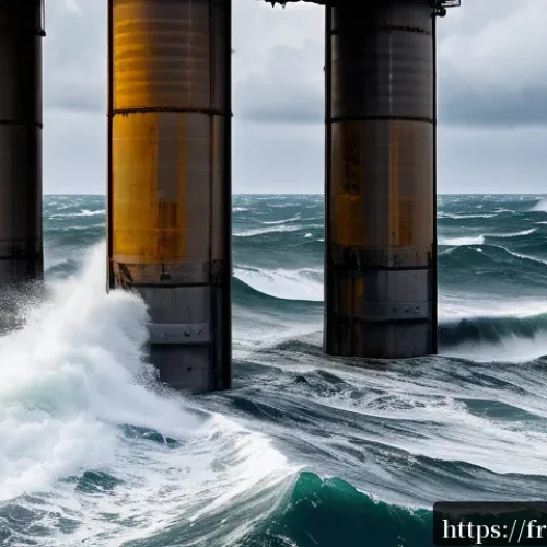 해양공학 파랑하중 분석 - A detailed coastal engineering scene showing a large offshore structure subjected to dynamic wave fo...