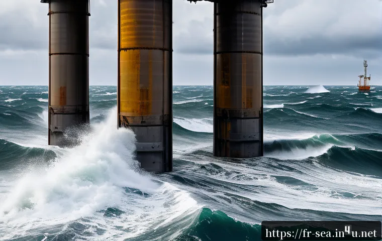해양공학 파랑하중 분석 - A detailed coastal engineering scene showing a large offshore structure subjected to dynamic wave fo...