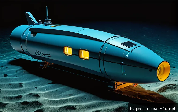 해양공학 해양 연구 장비 개발 - A futuristic autonomous underwater vehicle (AUV) navigating the deep ocean at 6000 meters depth, sur...