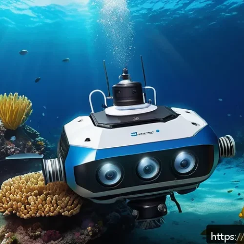 해양공학 해양 유류 오염 복구 - A detailed underwater scene showing an autonomous underwater robot equipped with chemical sensors de...