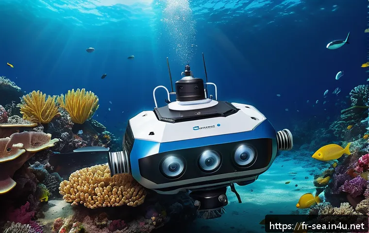 해양공학 해양 유류 오염 복구 - A detailed underwater scene showing an autonomous underwater robot equipped with chemical sensors de...