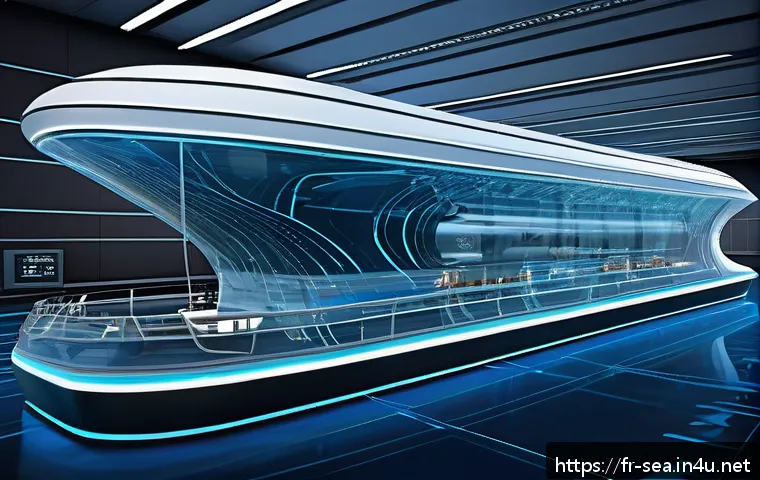 해양공학 해양 응용 수학 - A highly detailed digital illustration of a modern ship hull undergoing hydrodynamic simulation in a...