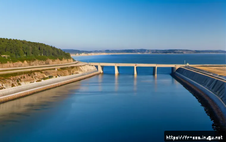 Home 17 해양공학 조력 및 파력 발전 - Photorealistic wide coastal engineering scene on the Atlantic coast of France, a modern tidal barrag...